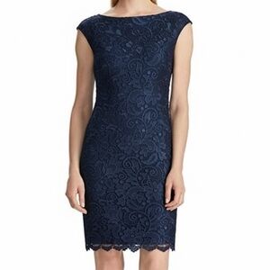 LAUREN Ralph Lauren Scalloped Lace Midi Cocktail Dress Midnight Blue